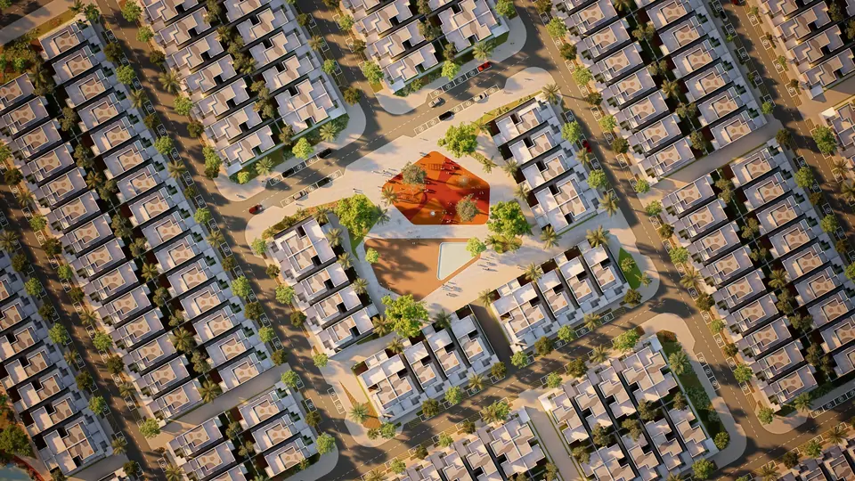 Villa adaları arasındaki ortak alanın tepeden görünümü